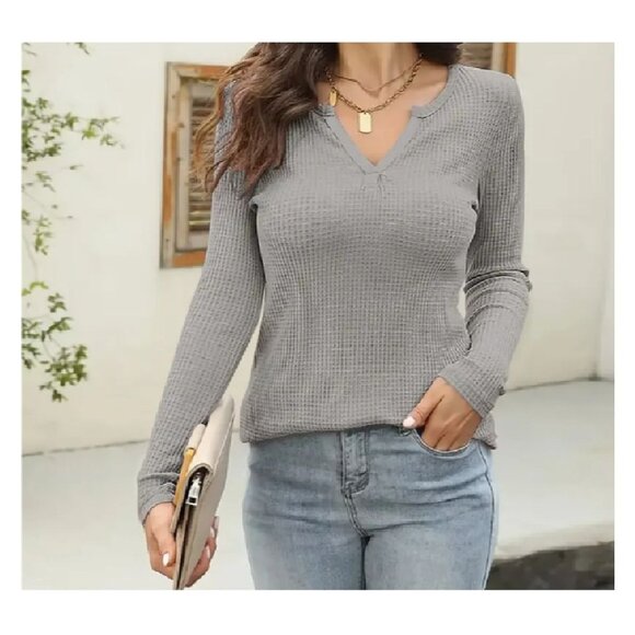Womens Size XXL Waffle Knit Top V-Neck Long Sleeve Grey Casual Athleisure - Picture 3 of 7